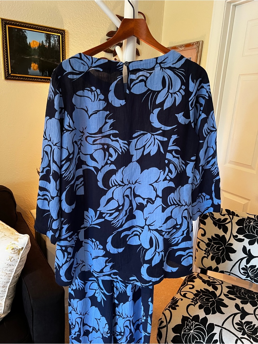 Soft Surroundings Navy Top with Light Blue Floral Print